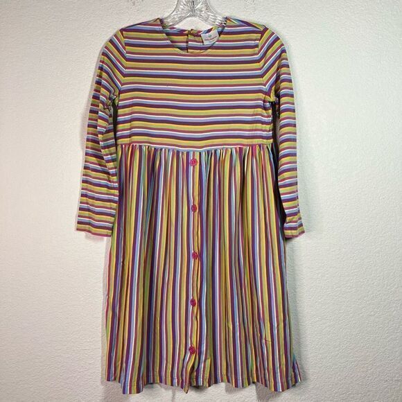 Hanna Anderson Girls Rainbow Stripe Cotton Dress Pleated Quarter Sleeve 140CM - Picture 1 of 7